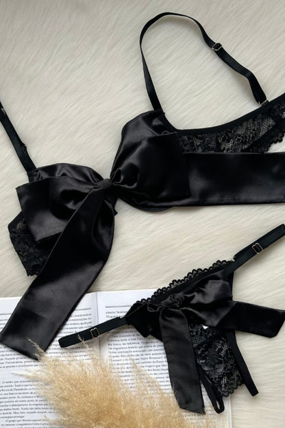 Midnight Black Satin and Lace Desire set