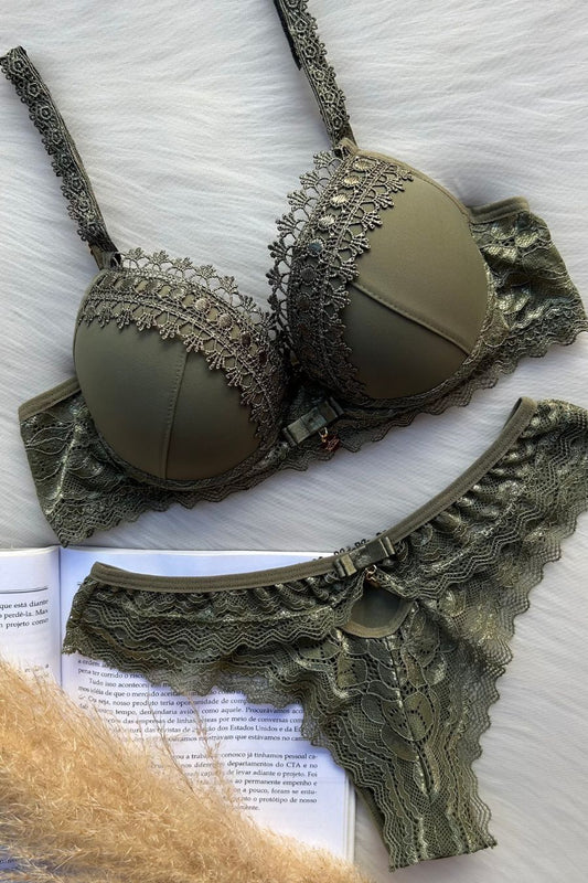 Olive Push up Embroidered Bra